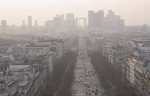 Smoggy looking city.